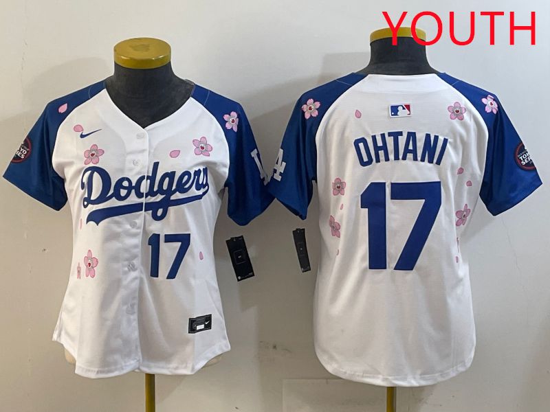 Youth Los Angeles Dodgers #17 Ohtani White Blue Sakura Edition 2025 Nike MLB Jersey style 8